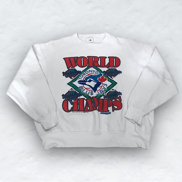 1992 Toronto Blue Jays Vintage 'Fruit of The Loom' TRENCH Crew Sweater - Picture 1 of 5